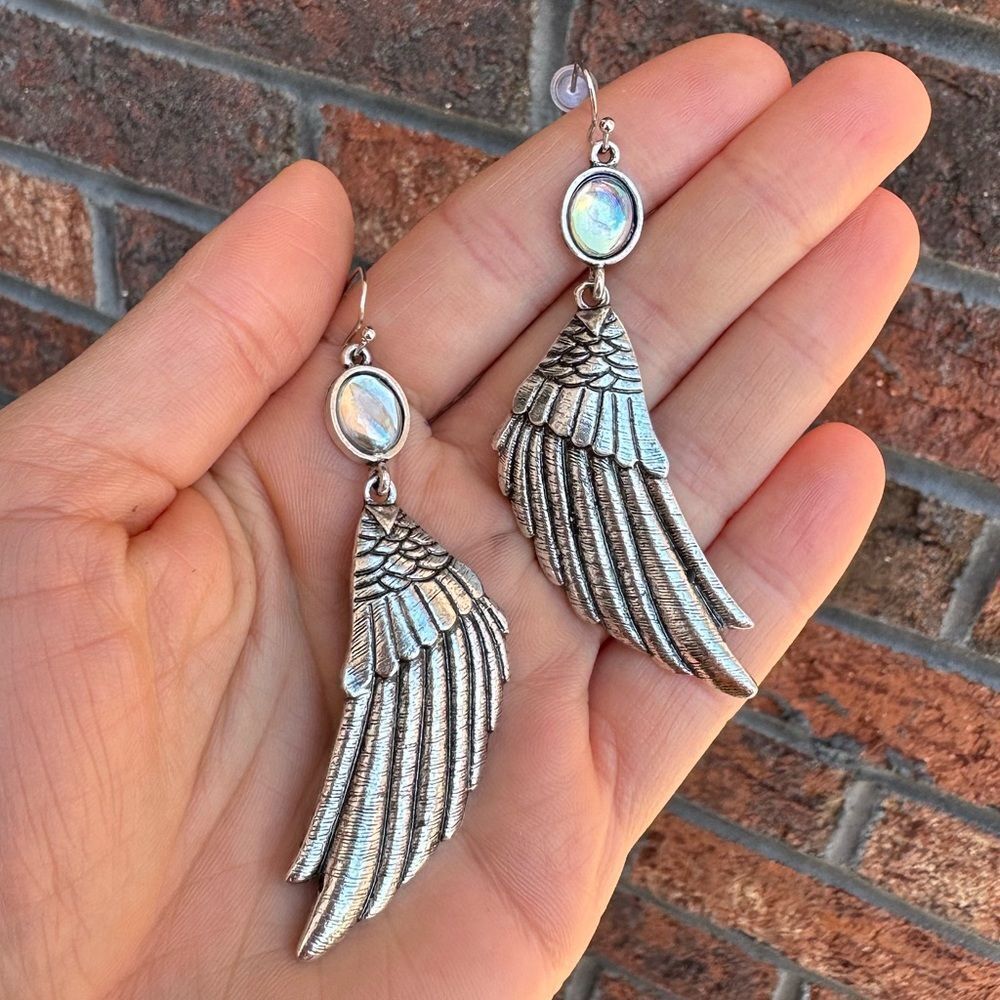 Silver Wing Earrings with Blue Accents - Picture 7 of 7